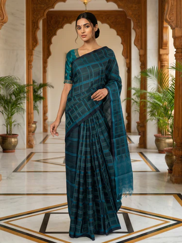 Kanjivaram Check Peacock-Blue Black Silver Checkered Saree